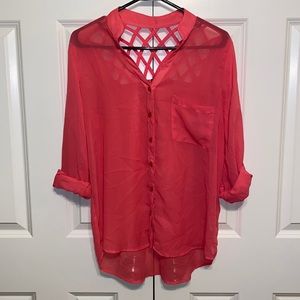 Nollie Lattice Back Button Down Roll Tab Blouse